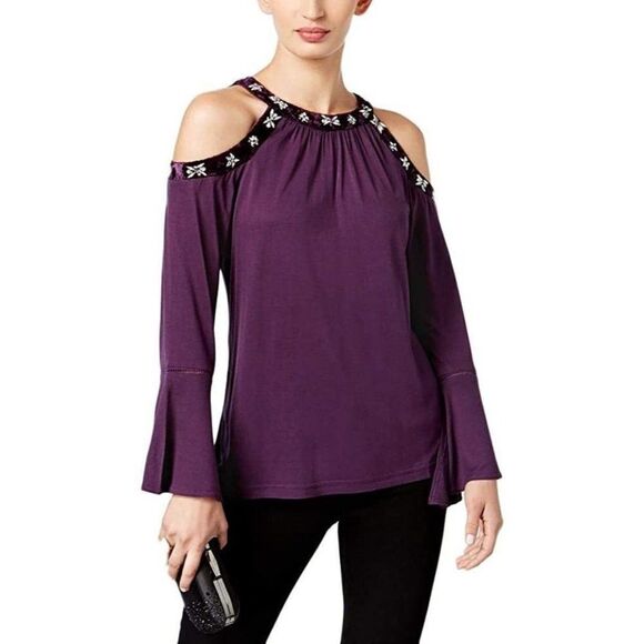 Size Large INC Cold Shoulder Velvet Trim Embellished Top - Picture 1 of 1